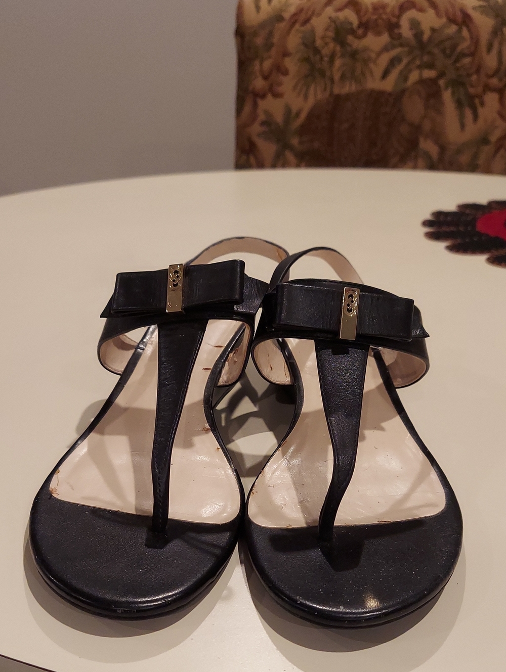Cole Haan Black & Gold Bow T-Strap Sandals